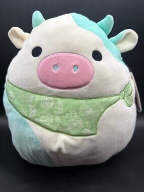 Squishmallows Belana Cow 11” Green Bandana NWT Blue White Plush S11 #579-2
